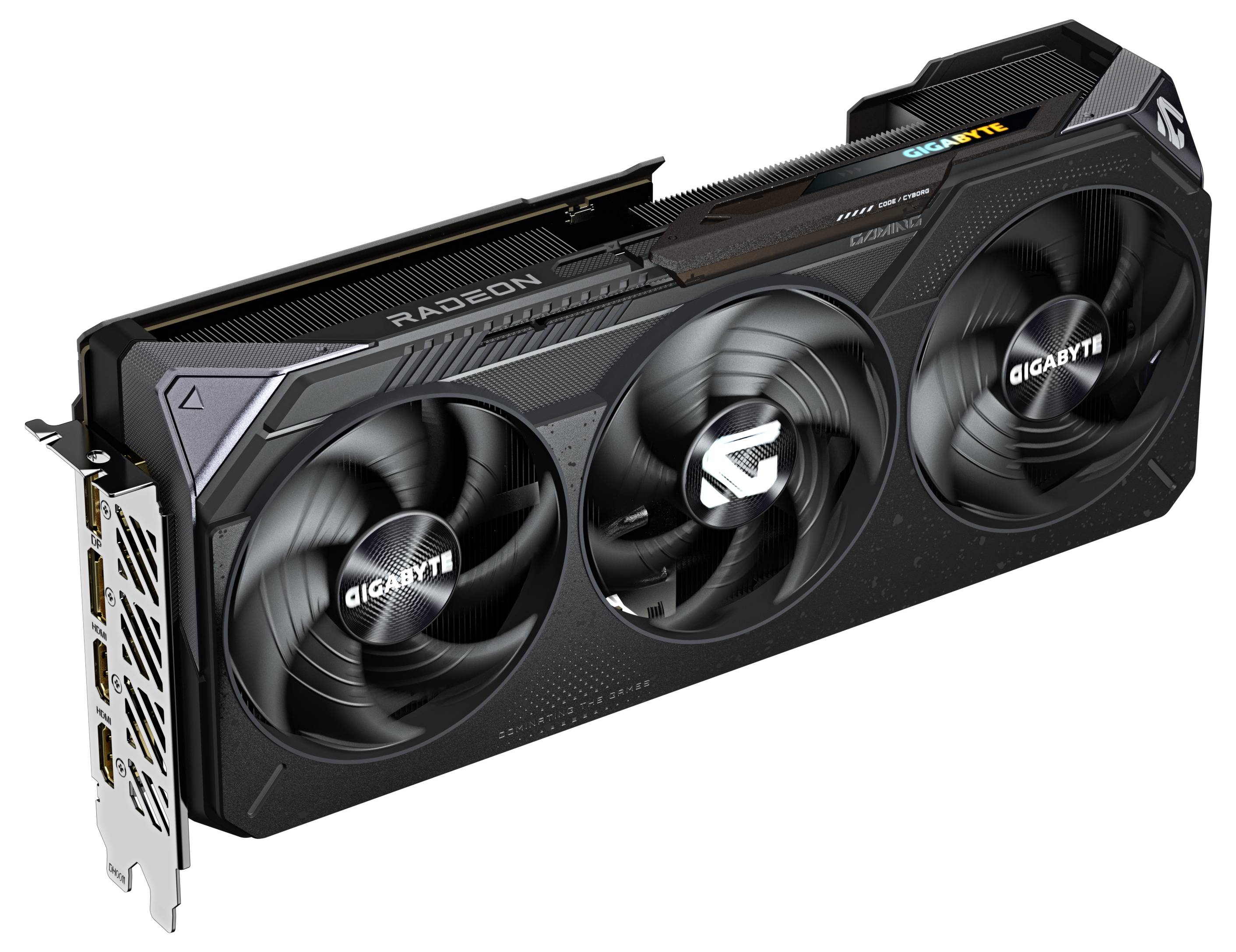 Grafická karta Gigabyte Radeon RX 6800 XT se třemi ventilátory v černém provedení.