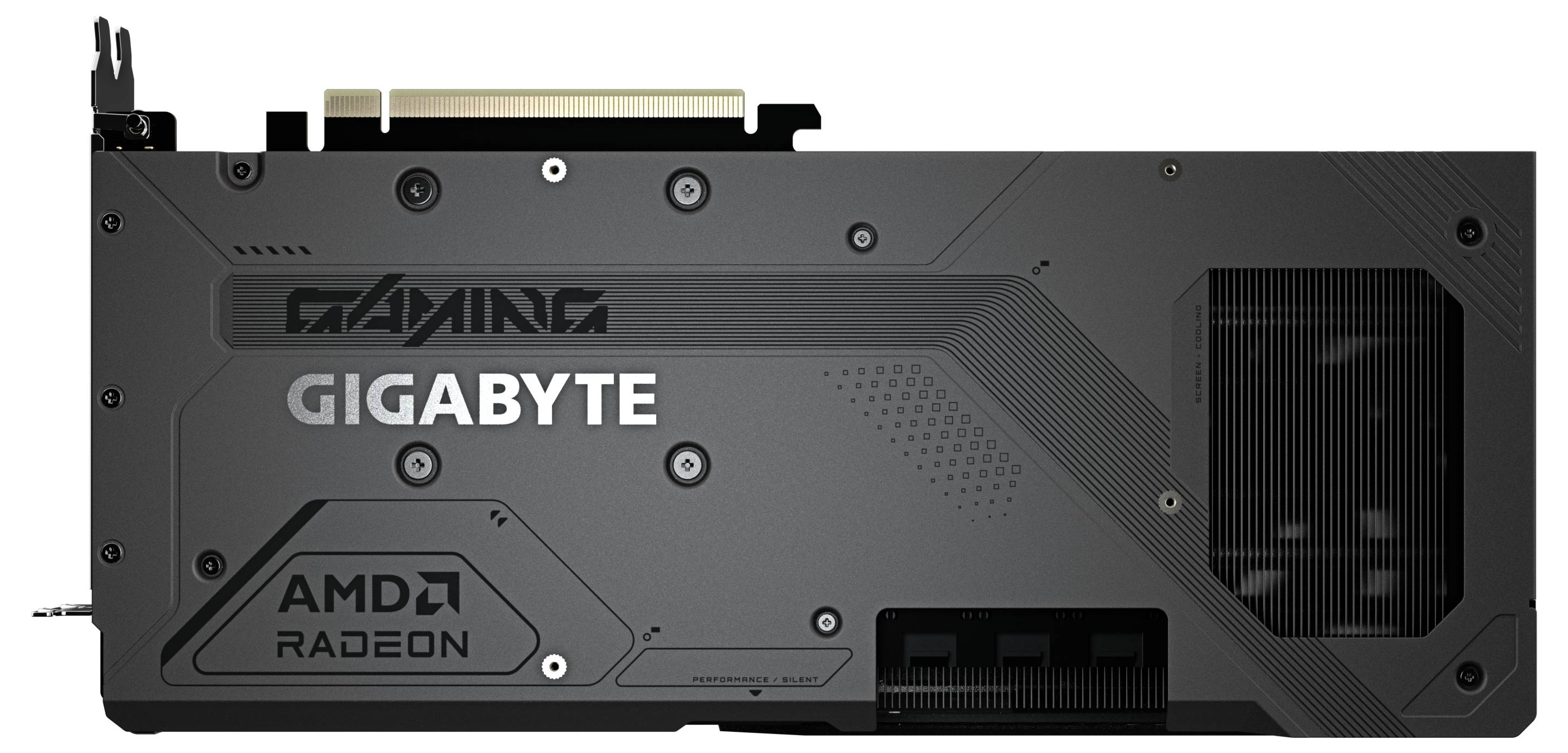 Grafická karta od Gigabyte s technologií AMD Radeon, černý design, viditelné ventilátory a chladicí žebra, vhodná pro hraní her.