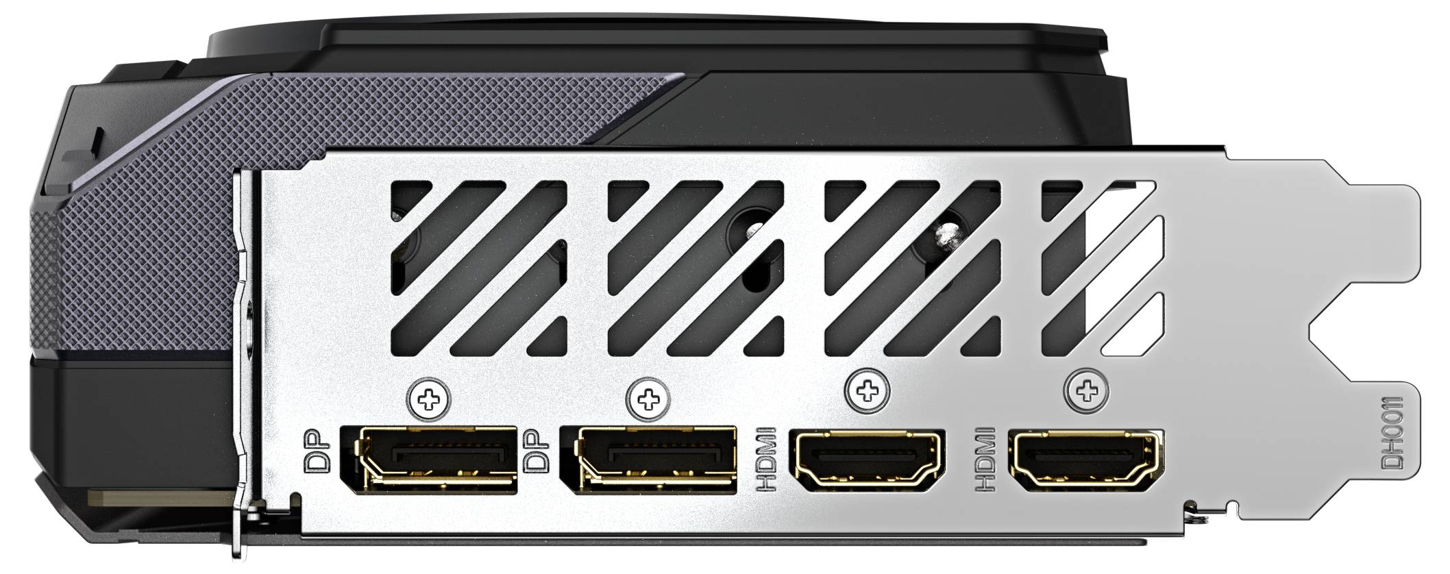 Grafická karta s třemi porty DisplayPort a jedním portem HDMI, boční pohled na řadu konektorů. Černý a stříbrný design.
