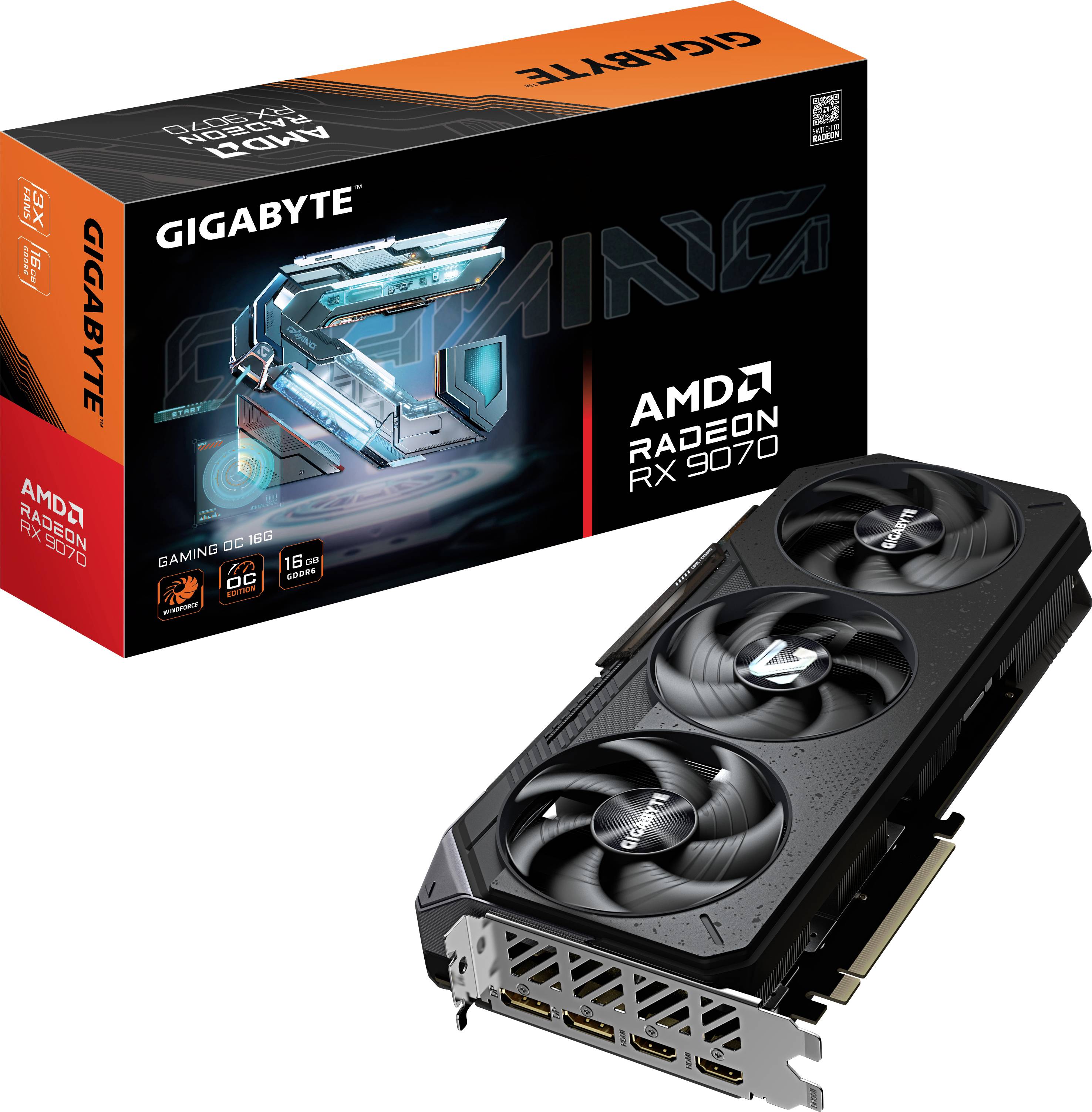 Grafická karta Gigabyte Radeon RX 7070 se třemi ventilátory. Balení zobrazuje grafiku produktu a obsahuje specifikace, jako je například paměť '16GB'.