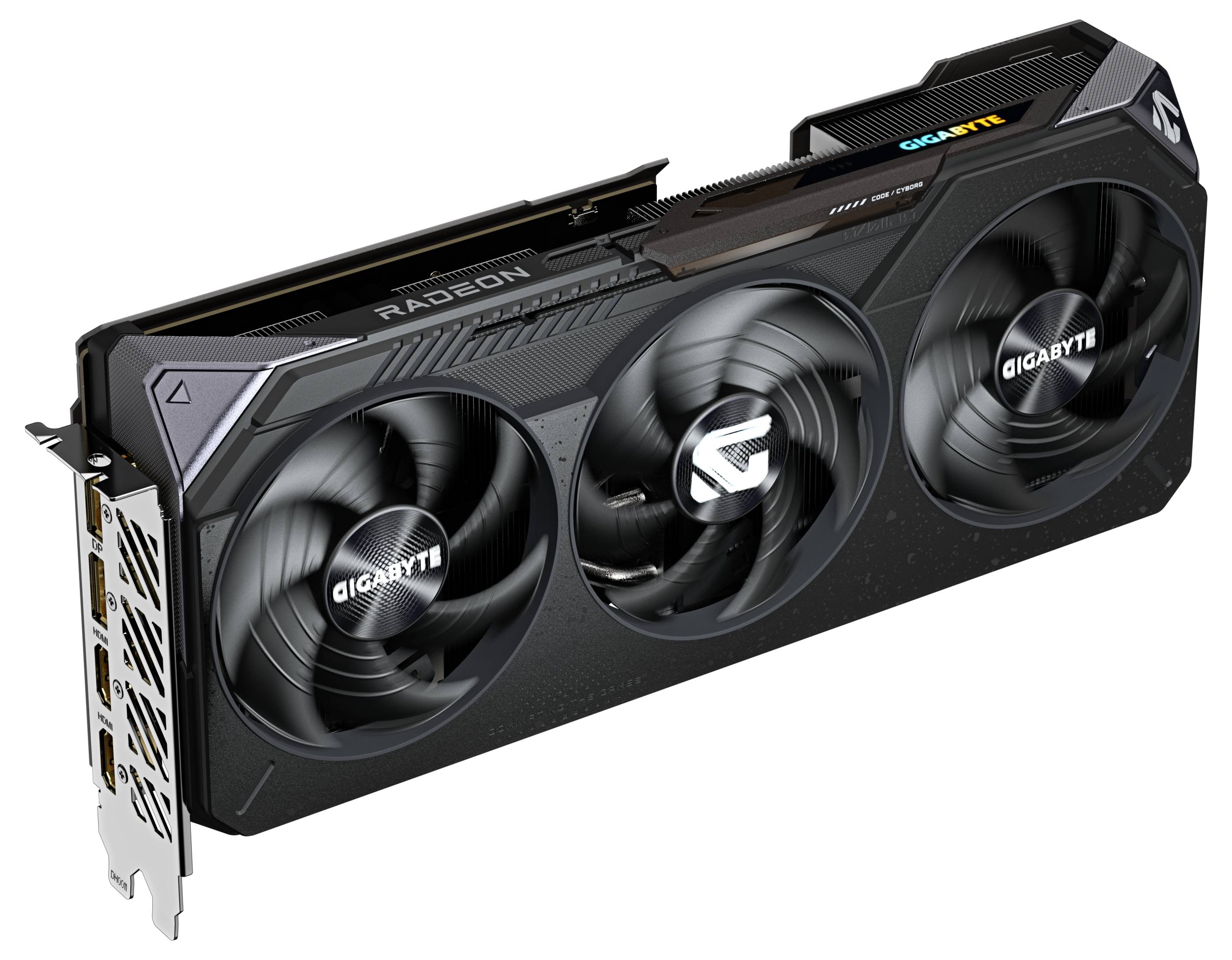 Grafická karta se třemi ventilátory, označení Gigabyte nahoře, konektory viditelné vlevo. Navržena pro výkonné počítačové aplikace.