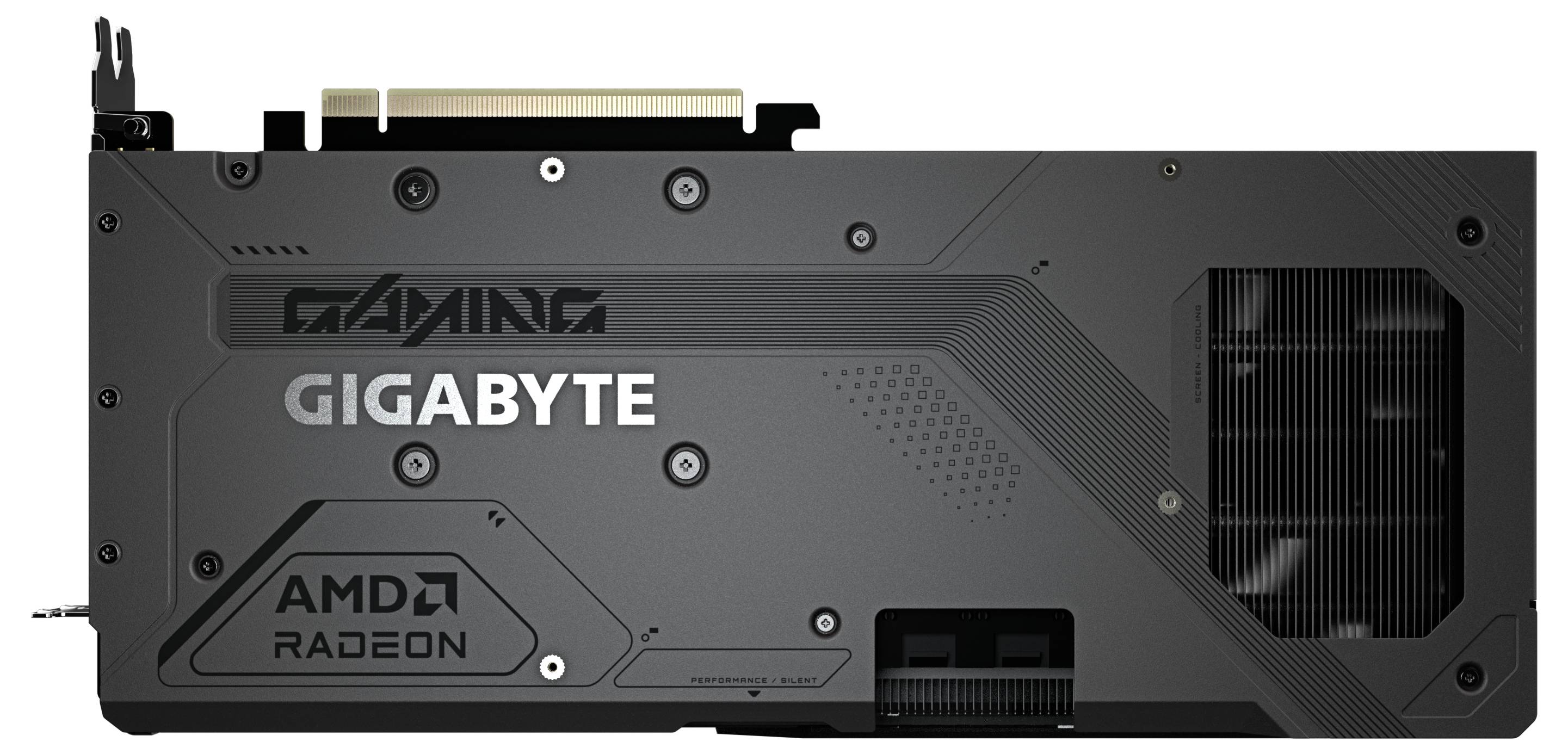 Černá grafická karta Gigabyte s nápisy 'GAMING', 'GIGABYTE', 'AMD' a 'RADEON'. Jsou viditelné ventilátory a konektory.