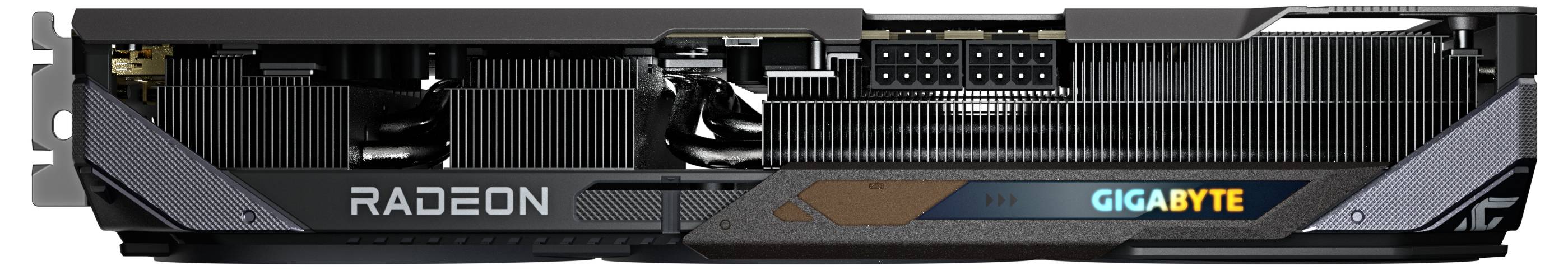 Grafická karta s nápisem 'RADEON' a 'GIGABYTE', zobrazující větrák a konektory na horní straně.