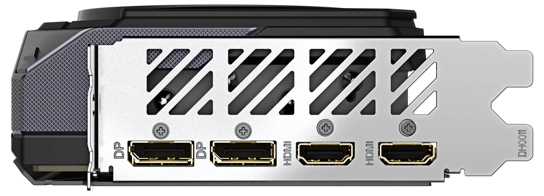 Konektory grafické karty: Dva DisplayPorty a dva HDMI porty vedle sebe; mřížková krytka pro větrání.