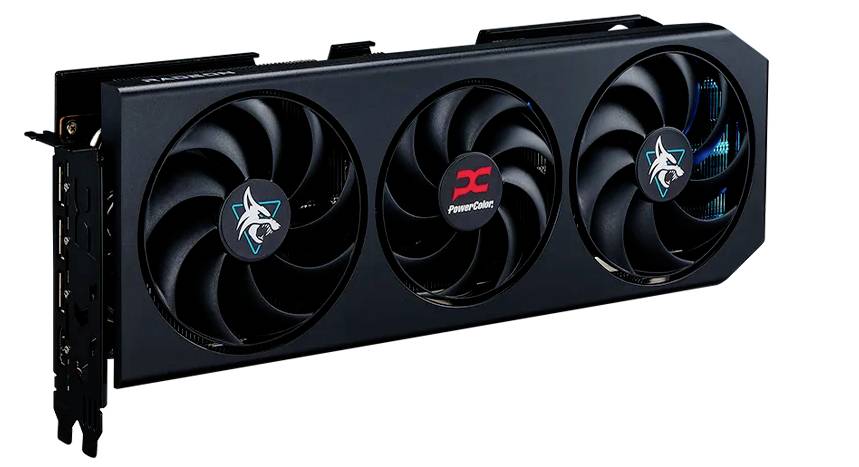 Grafická karta s třemi ventilátory v černém šasi, loga na ventilátorech. Slouží k výkonnému zpracování grafiky.