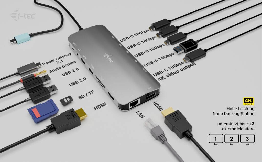 Stříbrná nano dokovací stanice s několika porty: USB-C, USB-A, HDMI, LAN, čtečka karet SD/TF. Podporuje až 3 externí monitory.