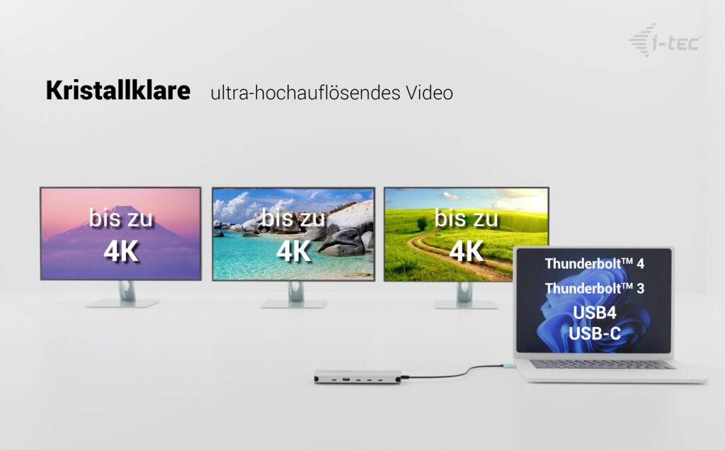 Tři monitory zobrazují krajiny v rozlišení 4K, propojené s laptopem přes USB-C a Thunderbolt. Text: Křišťálově čistě ultra-vysoké rozlišení videa.