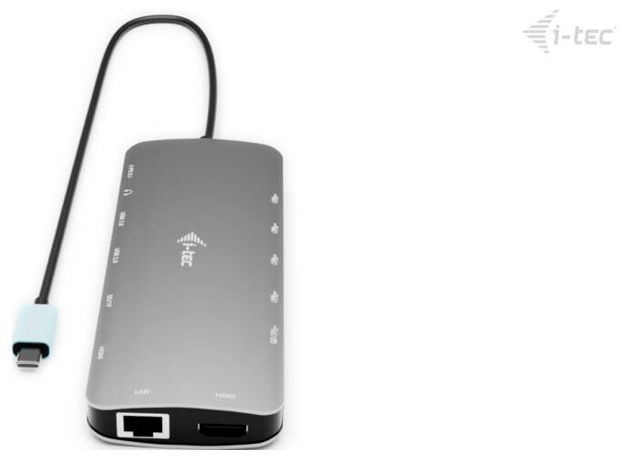 Stříbrný USB-C hub s několika porty, včetně LAN a HDMI. Kabel má modrou koncovku. Vpravo nahoře je logo i-tec.