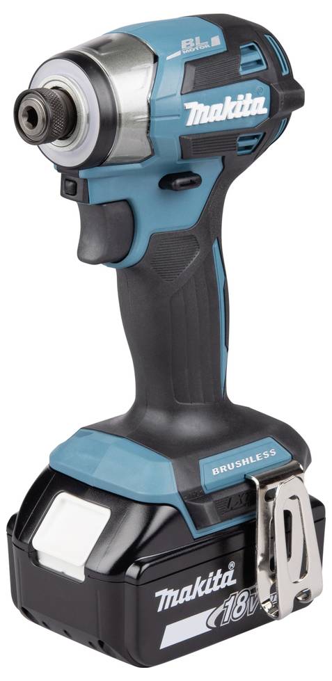 Bezdrátový rázový utahovák Makita s 18V baterií, vyznačující se kompaktním, ergonomickým designem a odolným bezkartáčovým motorem pro efektivní výkon.