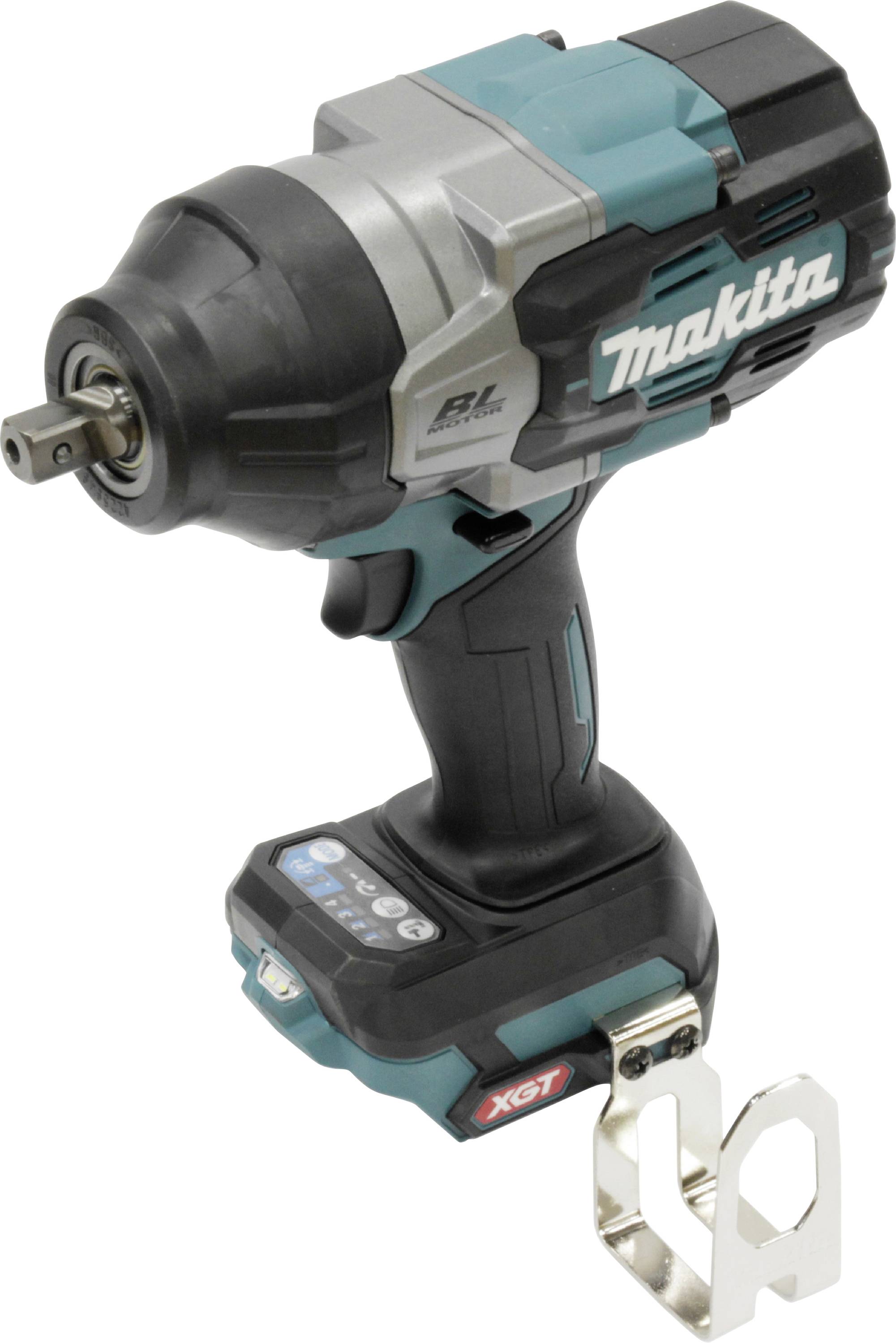 Makita akumulátorový rázový utahovák, bezdrátový, s ergonomickou rukojetí a kovovým hákem, vhodný pro náročné šroubovací práce.
