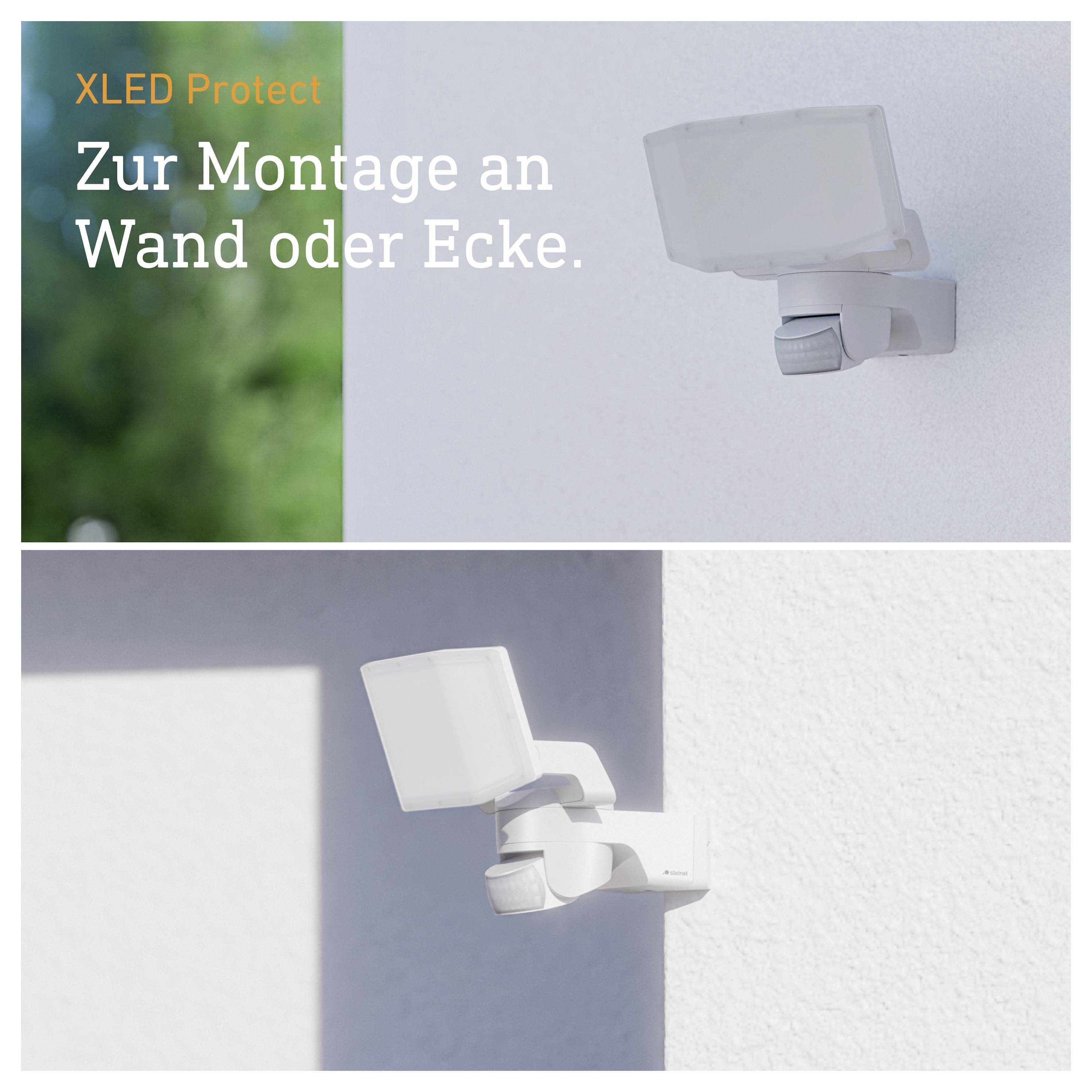 Reklamní zobrazení venkovního svítidla 'XLED Protect' k instalaci na stěnu nebo roh, zobrazené v dvou instalovaných pohledech na stěně domu.