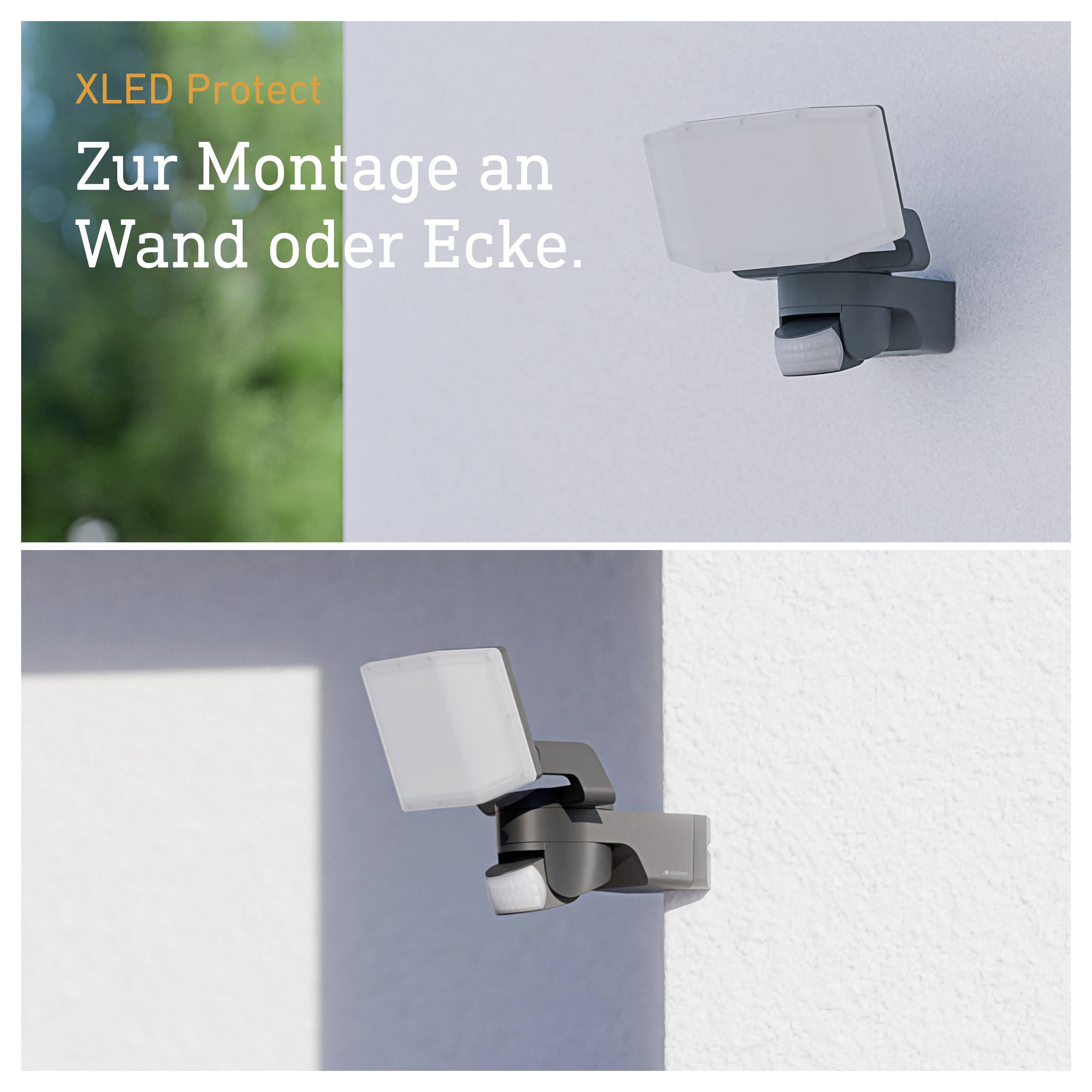XLED Protect venkovní svítidlo k montáži na zeď nebo roh, zobrazeno s nastavitelným držákem na bílé stěně domu.