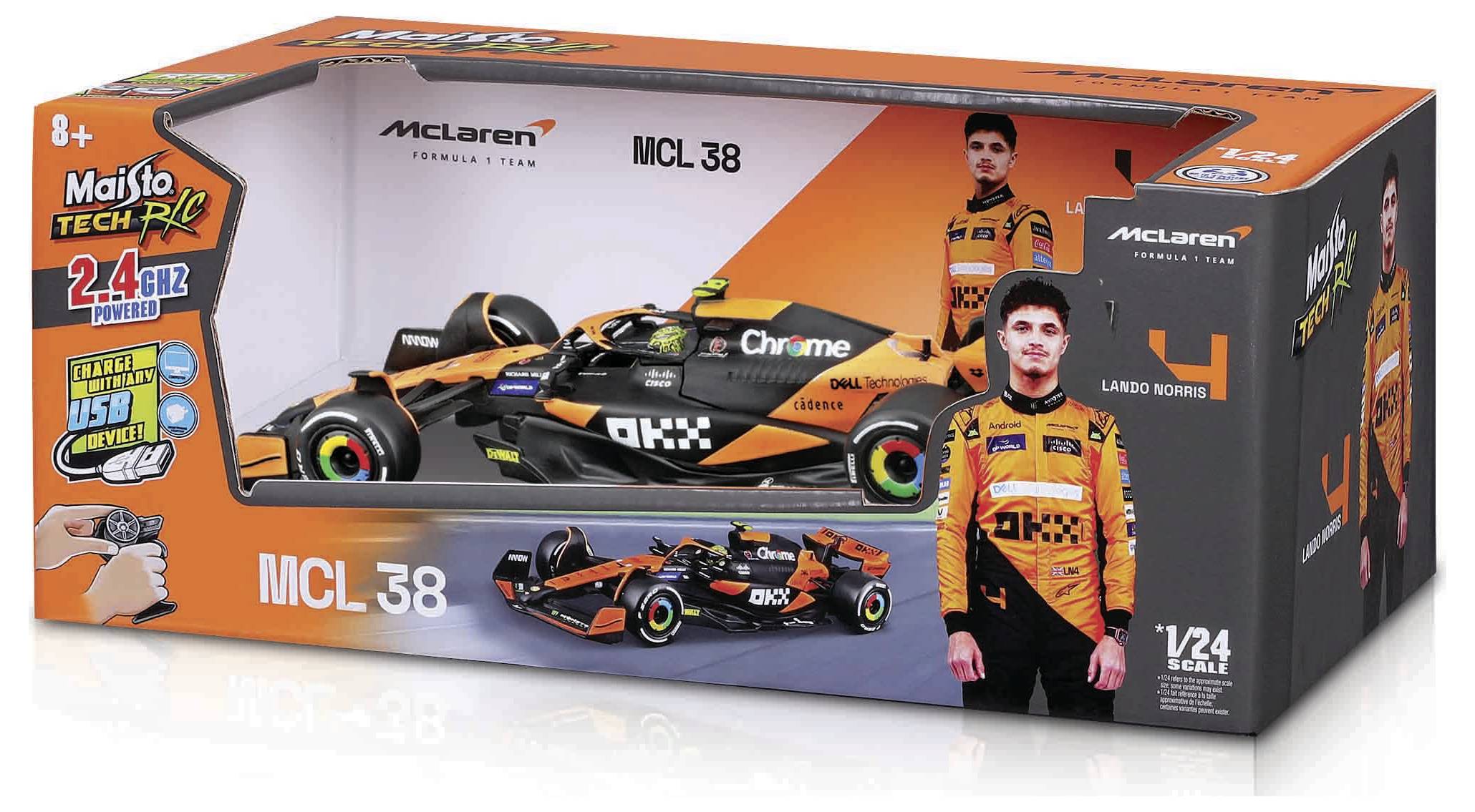 Dálkově ovládaný model McLaren automobilu v obalu v oranžové a černé barvě s nápisem 'MCL 38' a vyobrazením řidiče.