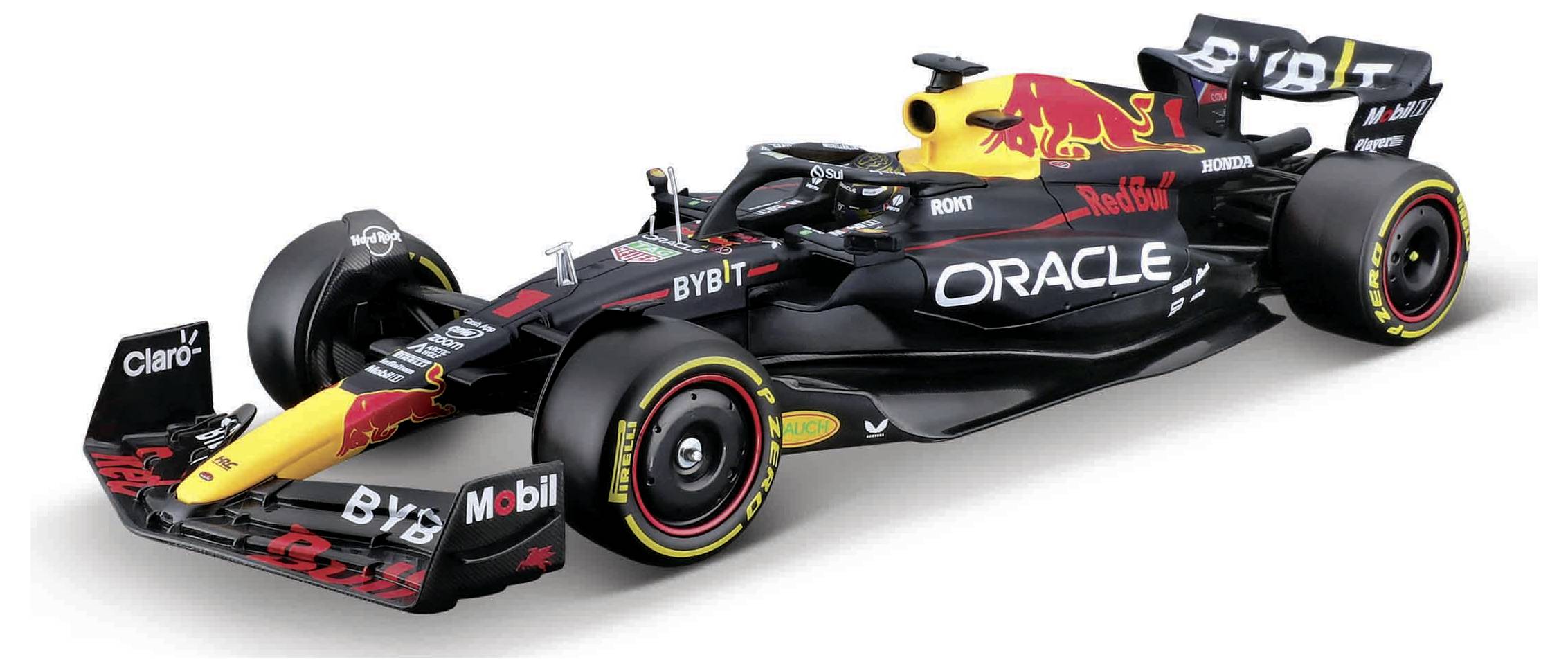Černočervený formuli 1 závodní vůz s logy sponzorů na karoserii a pneumatikách; v designu známého závodního týmu.