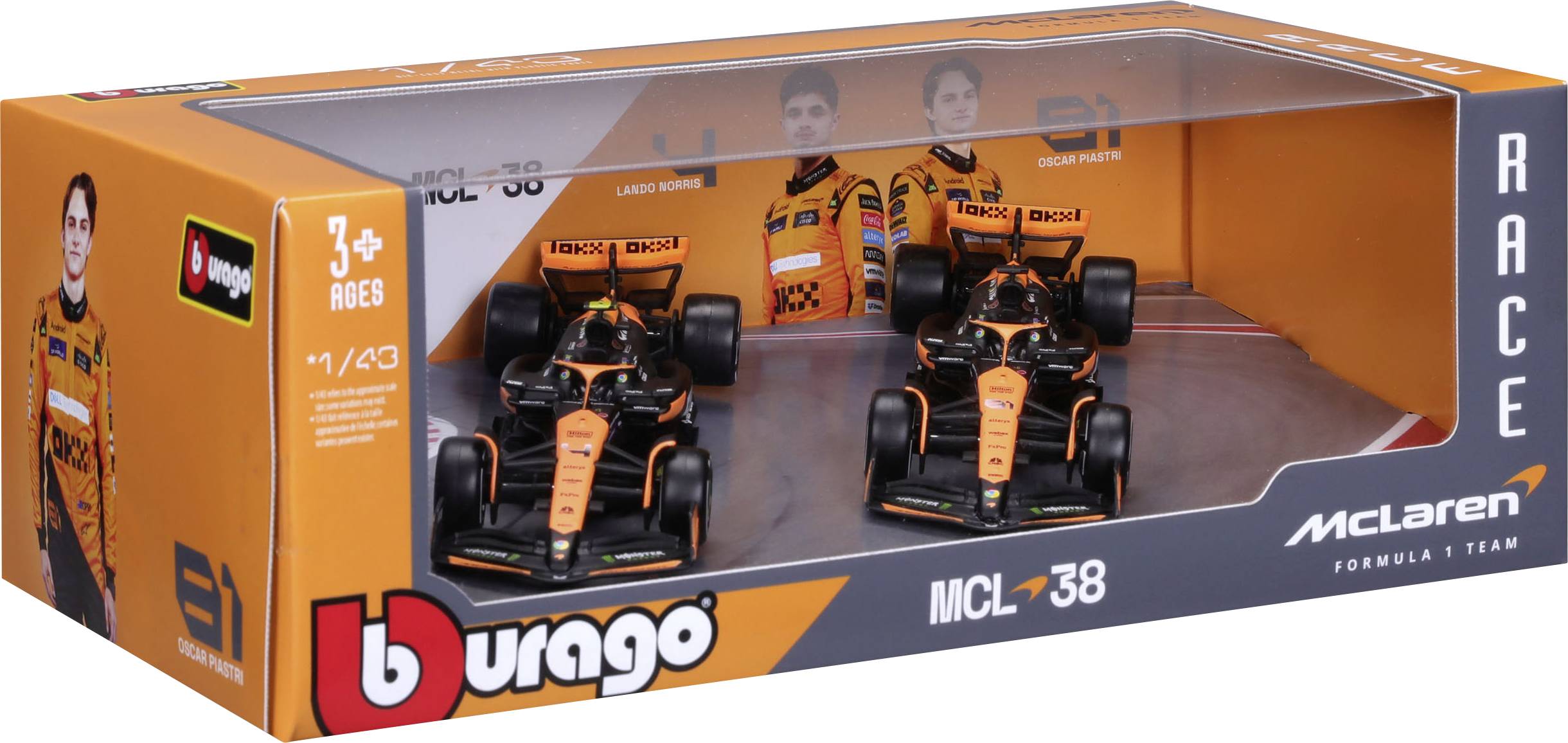 Dva modelové vozy Formula 1 v brandované krabici s logy týmu McLaren a obrázky jezdců. Vhodné pro děti od 3 let.