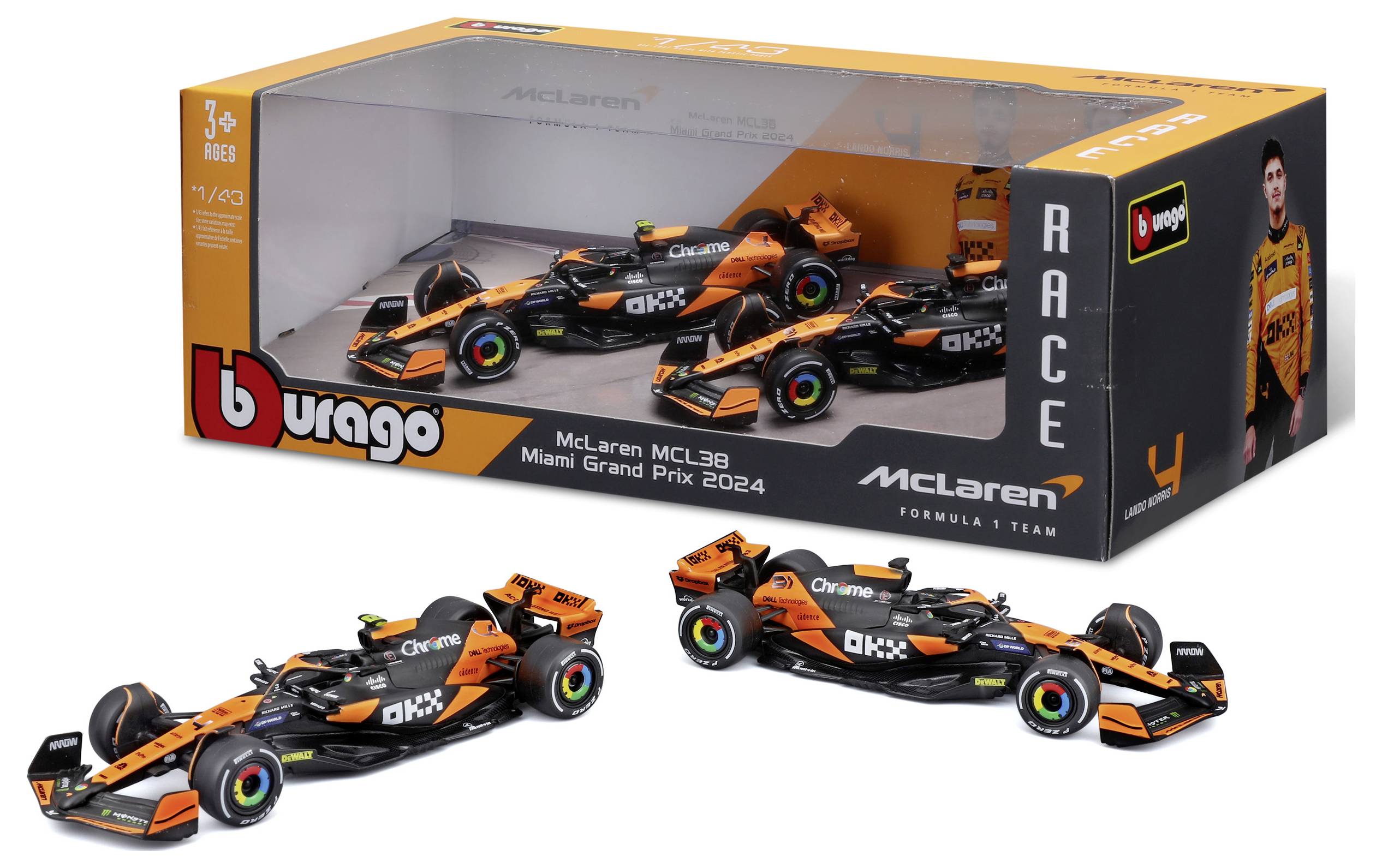 Sada modelů 'McLaren MCL36 Miami Grand Prix 2024', obsahující dvě oranžovo-černé hračkářské závodní vozy s detailními logy a designem.