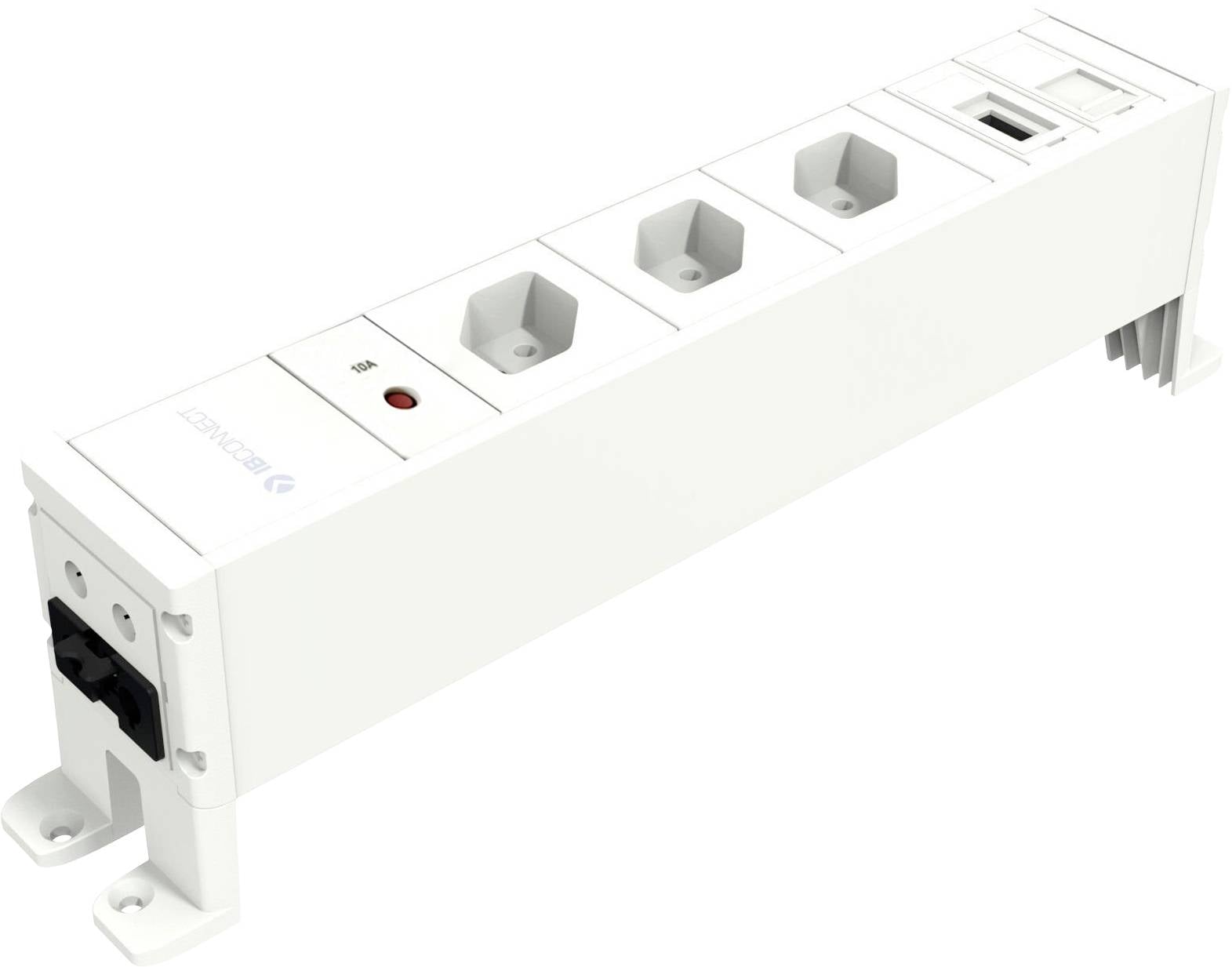 Bílý prodlužovací panel se čtyřmi zásuvkami a jedním USB portem, vhodný pro montáž pomocí šroubů, s červeným LED indikátorem.