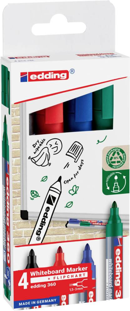 Balení čtyř popisovačů na bílou tabuli značky Edding v barvách červená, modrá, zelená a černá. Vhodné pro použití na whiteboard a flipchart.