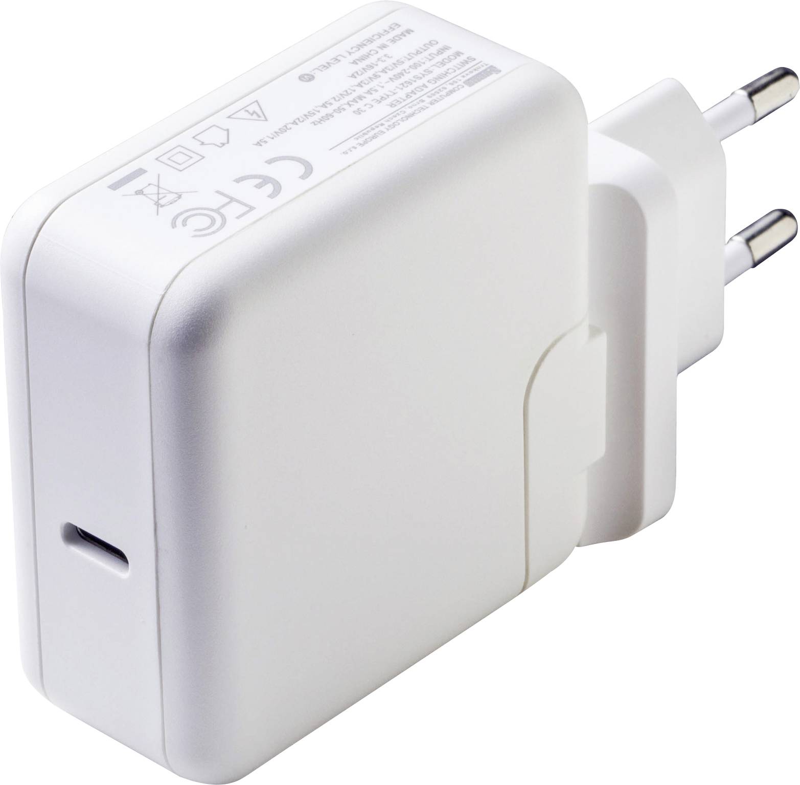 Bílá USB nabíječka s EU zásuvkou.