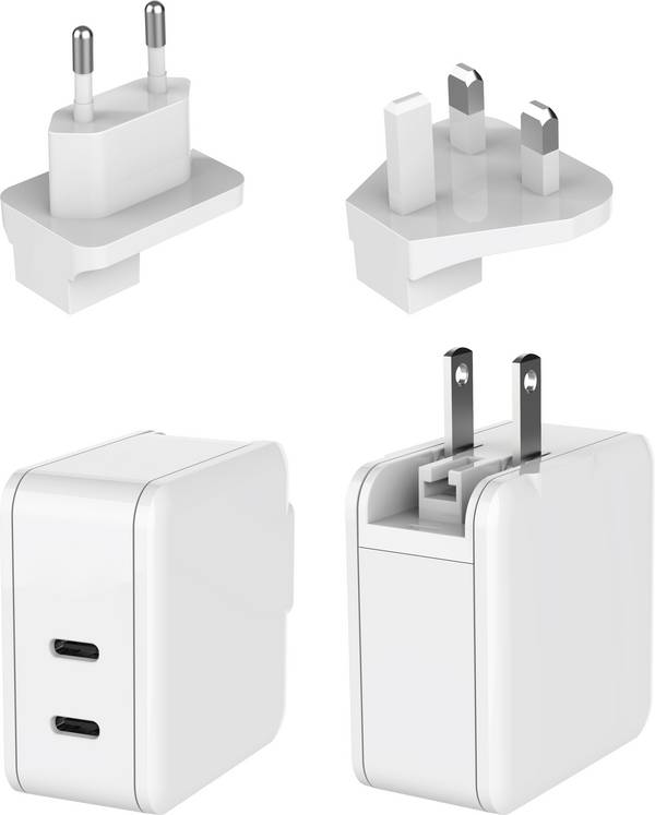 Dehner Elektronik XYPD65CC-ZUZ GaN US foldable with Plug-Set EU/UK white 2xUSB-C Stolní a zásuvkový napájecí zdroj AC/DC, s adaptérem pro Evropu, s britským adaptérem, Nadproudová ochrana, stabilizováno , USB Power Delivery (USB-PD) , bez kabelu, Rychlonabíječka, USB-C®, 65 W, Power Delivery 3.0, bílá