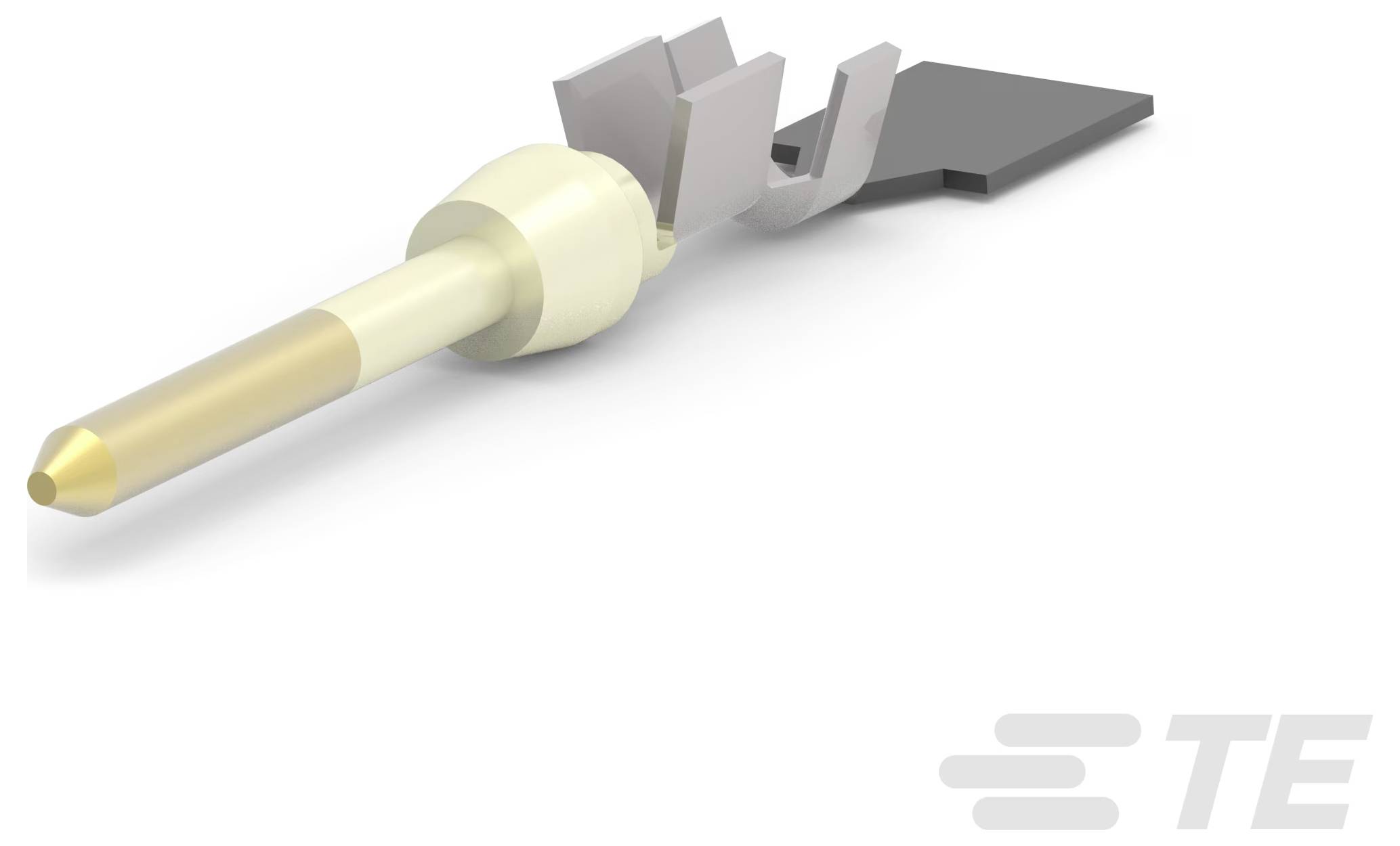 Terminál TE Connectivity s vývodem v goldém a stříbrném provedení pro elektronické připojení s detailním pohledem na kontaktní plochu.