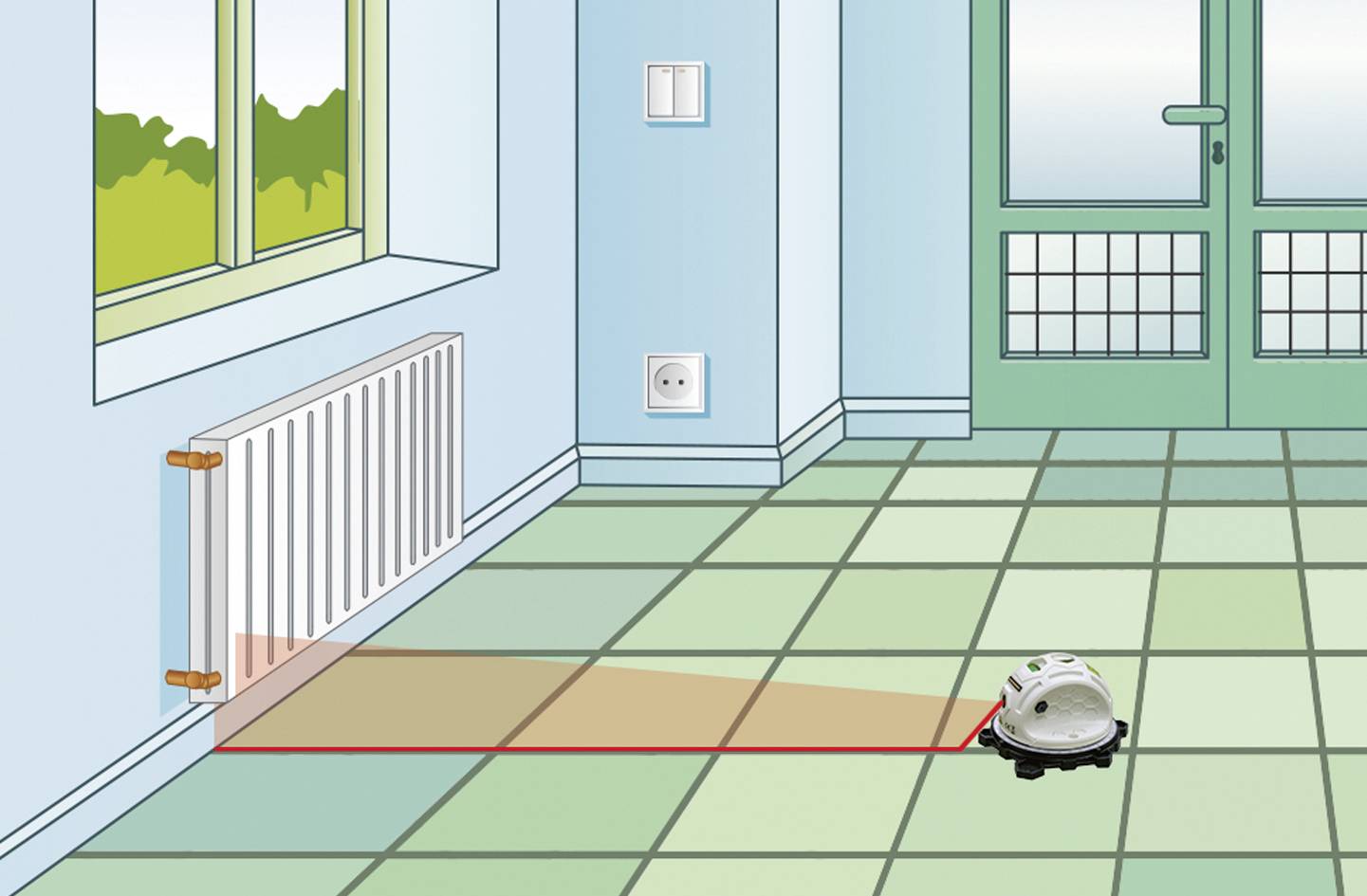 Robotický vysavač čistí tažený prostor. Červená čára ukazuje dráhu úklidu. V pozadí jsou vidět okna, topení a dveře.