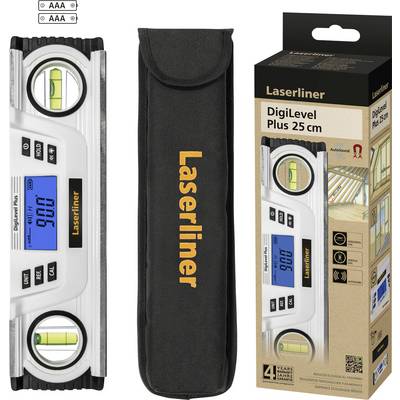 Vodováha 'Laserliner DigiLevel Plus 25 cm' s osvětleným displejem, obalem a originálním balením, zobrazující digitální měřicí funkce.