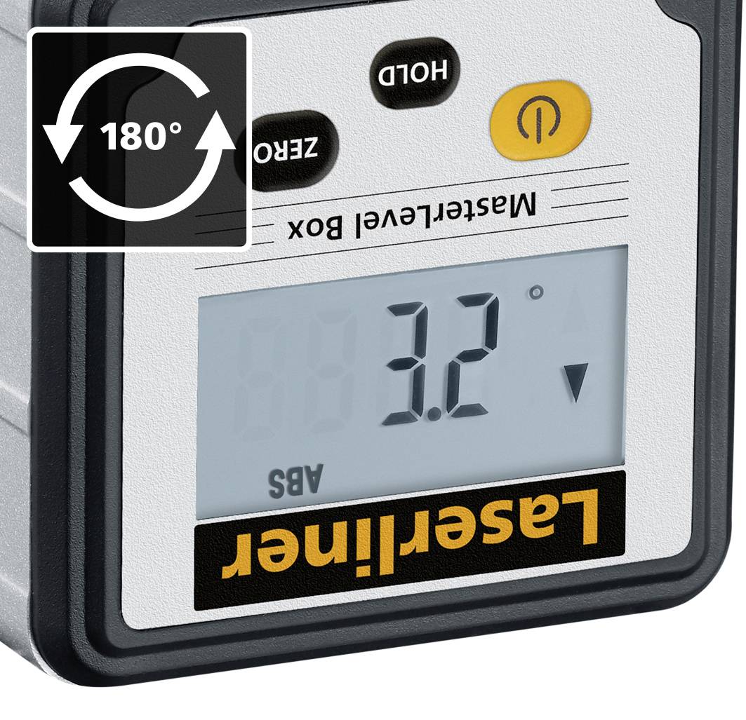 Digitální úhloměr s displejem '3,2°', žlutým napájecím tlačítkem a tlačítky pro nastavení nuly a podržení. Symbol pro 180° otočení.