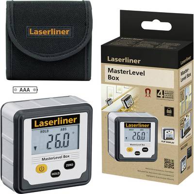 Digitální sklonoměr, Laserliner MasterLevel Box, ukazuje 26,0 stupňů. Obal a taška jsou rovněž viditelné.