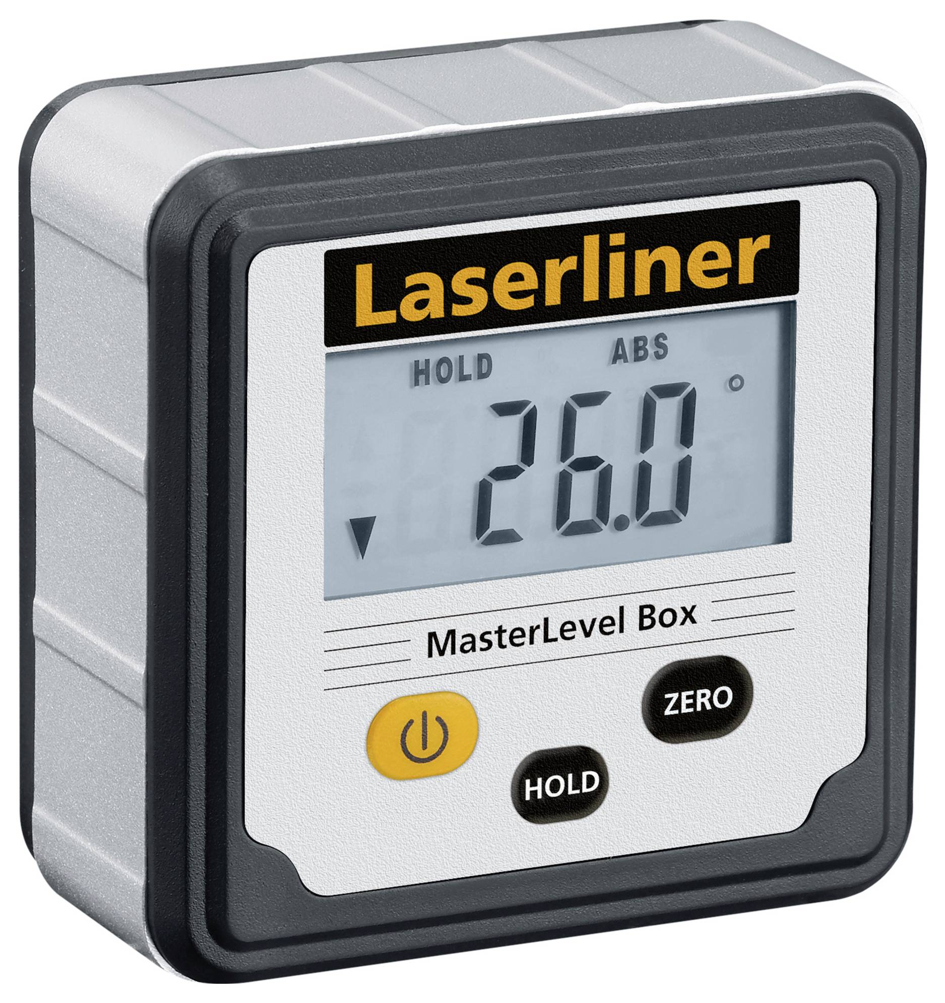 Elektronický sklonoměr 'Laserliner MasterLevel Box' zobrazuje 26,0 stupňů na displeji, s tlačítky pro funkce Hold a Nula.