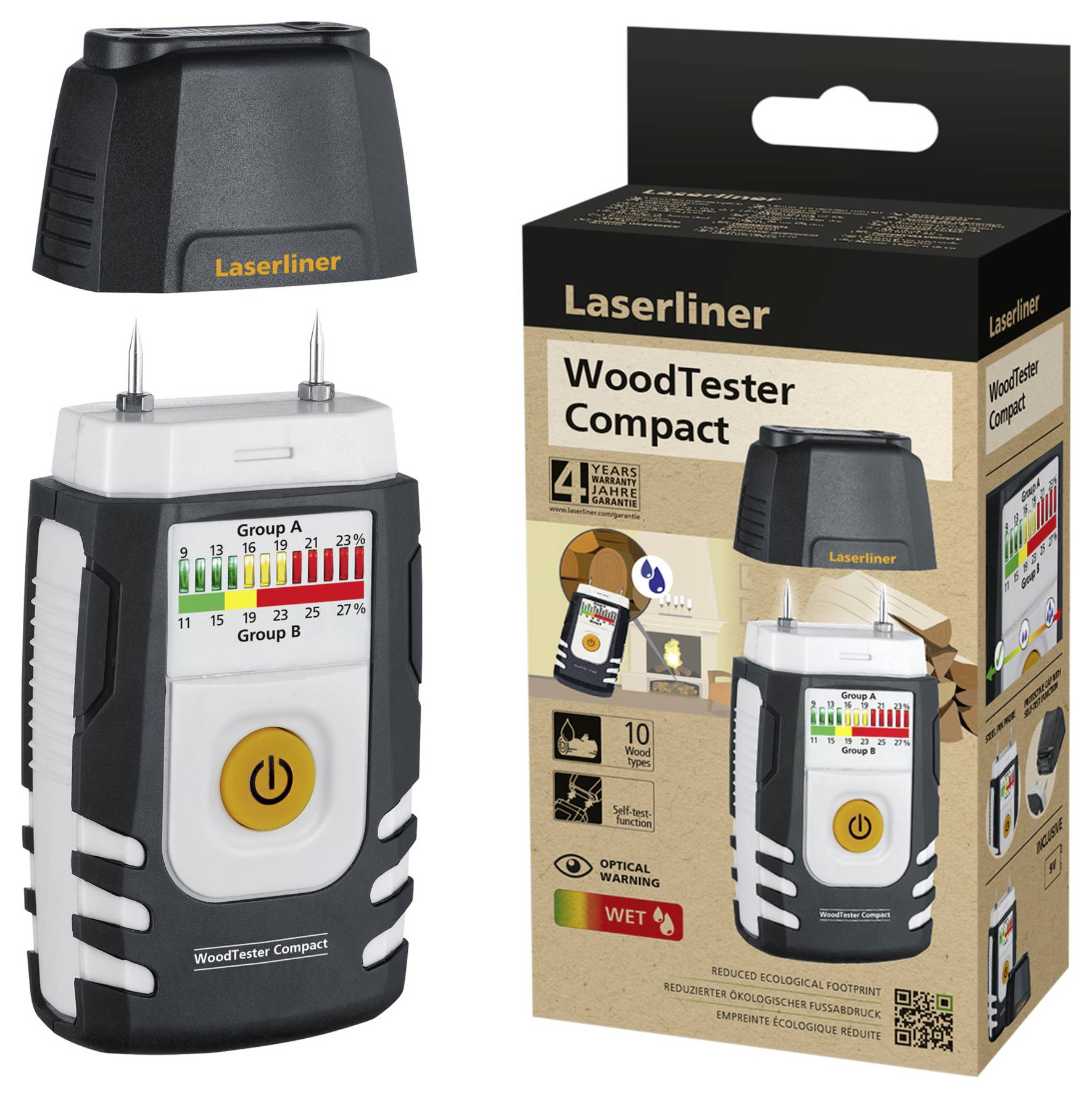 Přístroj pro měření vlhkosti dřeva 'WoodTester Compact' od společnosti Laserliner v originálním balení. Zobrazuje obsah vlhkosti ve skupinách A a B. Včetně baterií.