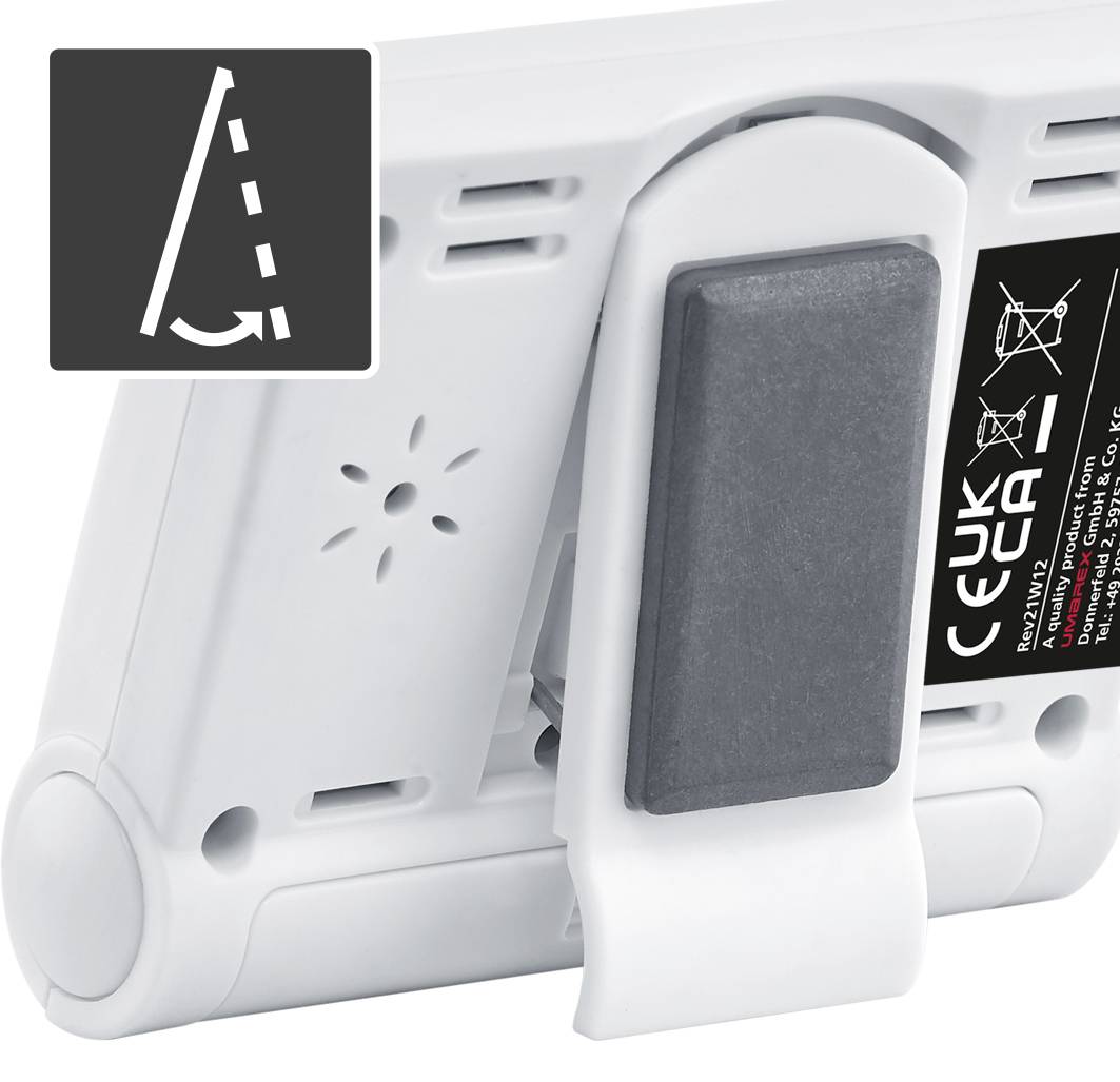 Digitální zařízení se stojanem; vykazuje stabilní, nepřeklopitelný design.