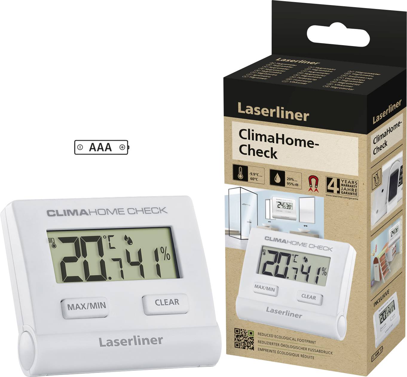 Teploměr a vlhkoměr od společnosti Laserliner s údajem '20°C, 41% relativní vlhkosti'. Obal ukazuje použití produktu v místnosti.