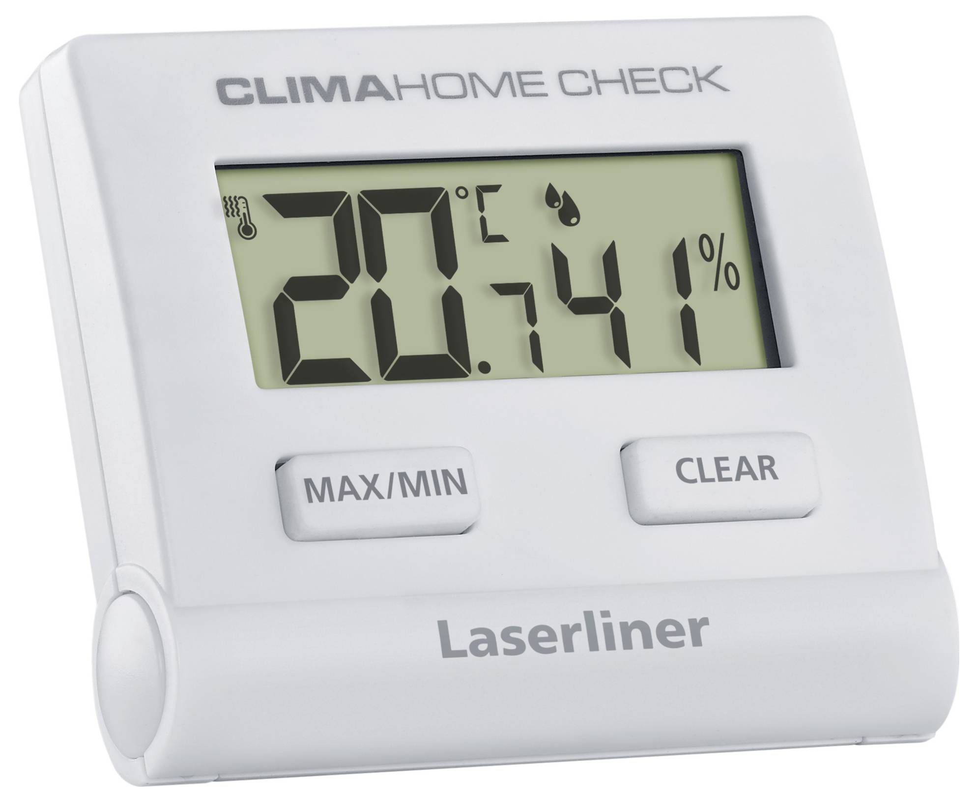 Malý digitální teploměr a vlhkoměr. Ukazuje 20°C a 74,1% relativní vlhkosti. Viditelný název značky 'Laserliner'.
