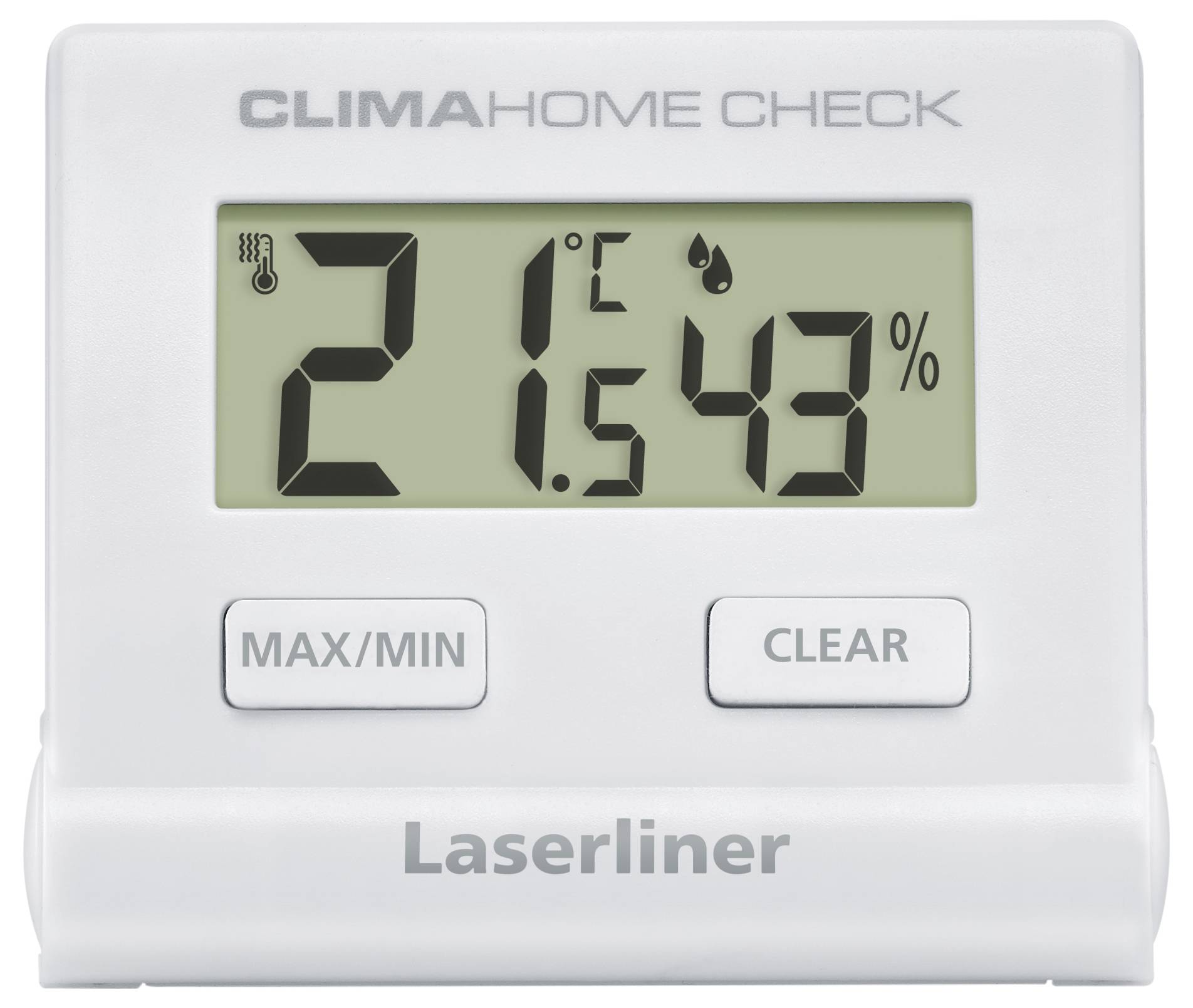 Digitální teploměr s vlhkoměrem, nahoře nápis 'CLIMA HOME CHECK', teplota 21°C, vlhkost vzduchu 43%, tlačítka pro 'MAX/MIN' a 'CLEAR'.