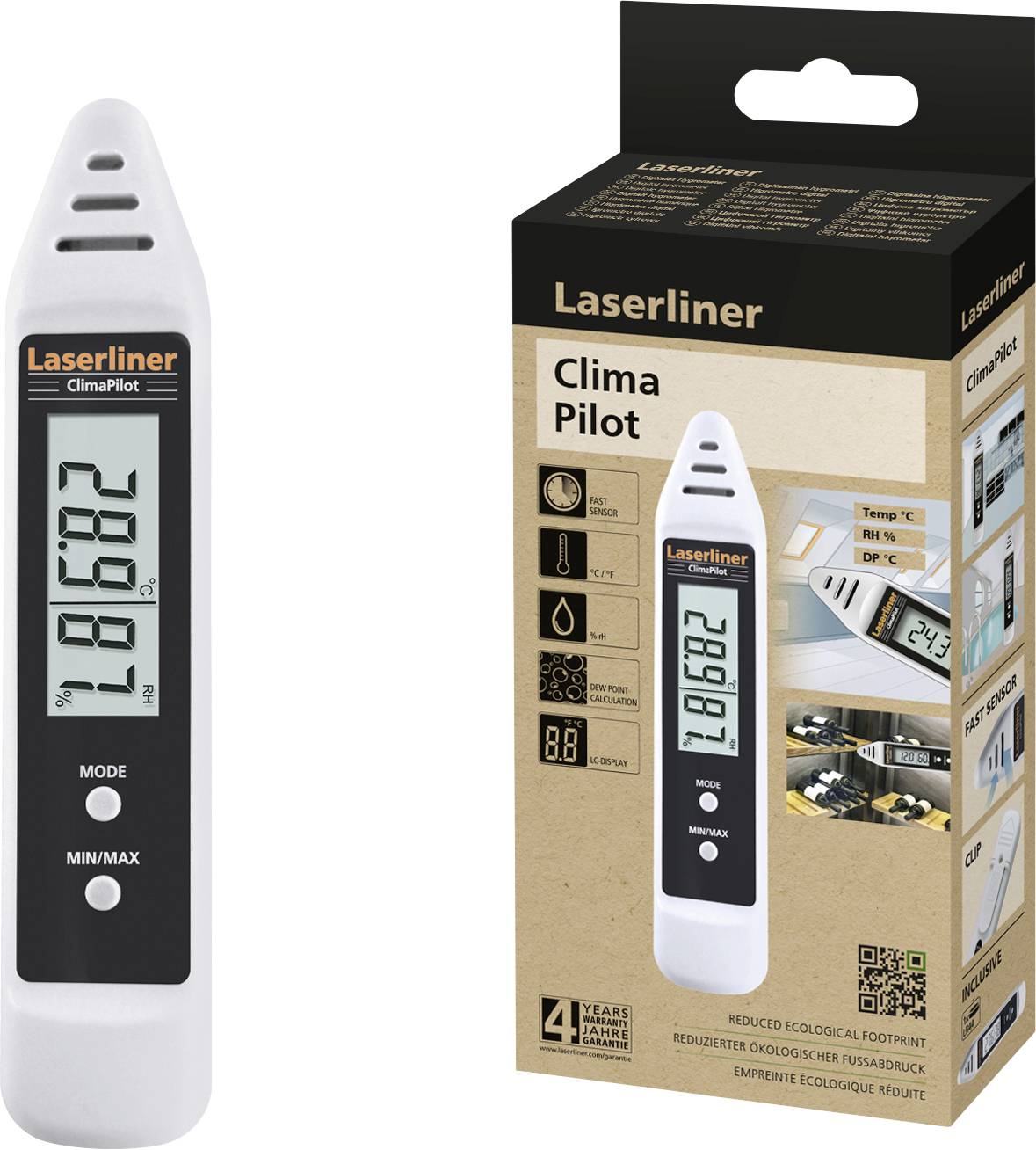 Laserový teploměr Laserliner ClimaPilot s digitálním displejem a dvěma ovládacími tlačítky. Balení zobrazuje použití výrobku a jeho vlastnosti.