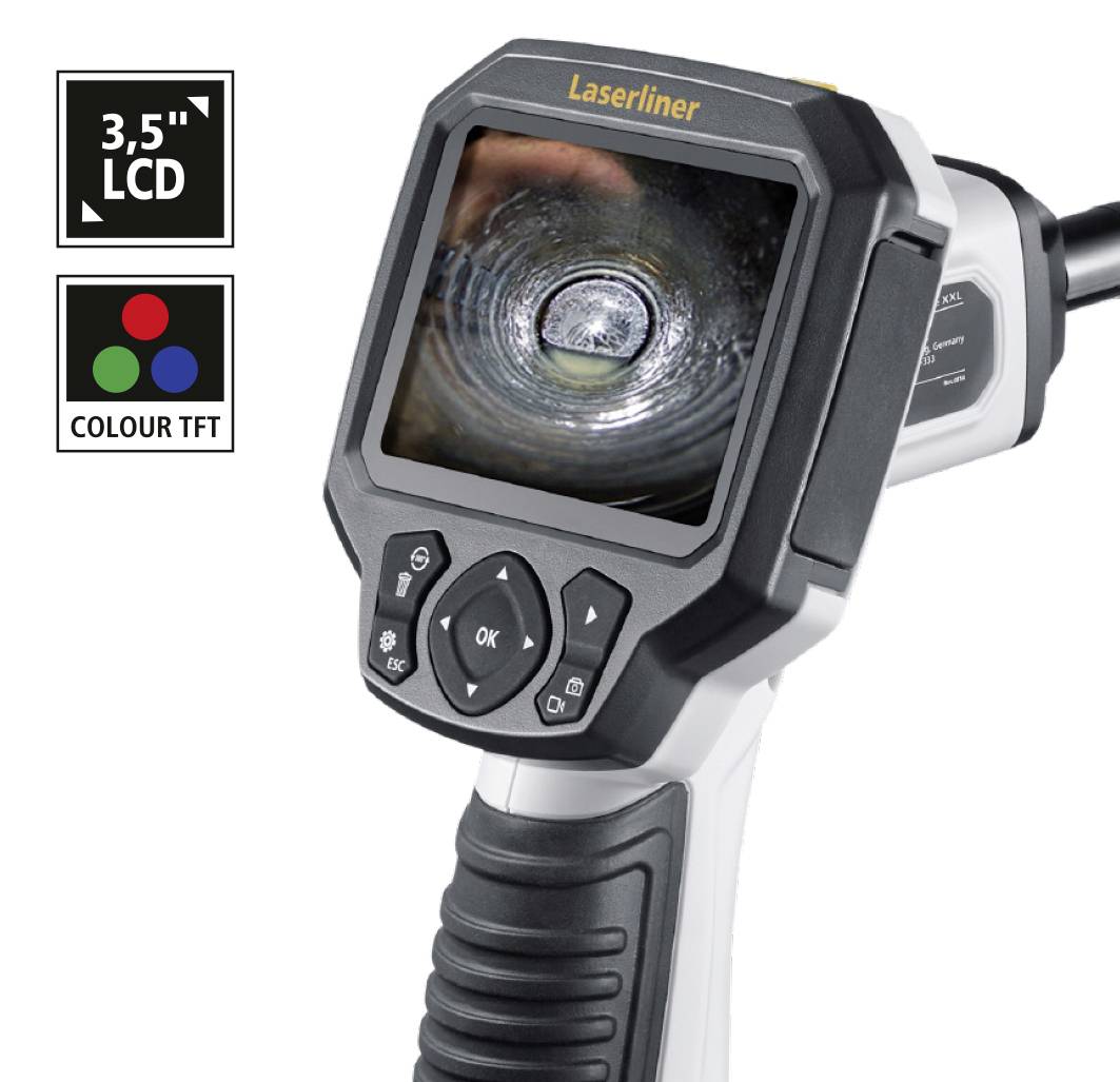 Endoskopická kamera s 3,5'' LCD displejem, barevný TFT displej. Zobrazuje obraz tmavého vnitřního prostoru, pravděpodobně potrubí nebo podobnou strukturu.