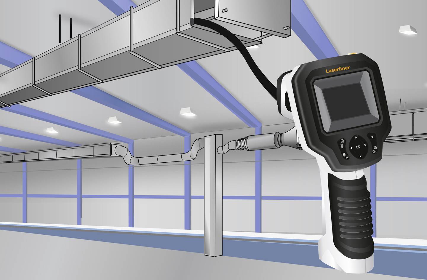 Ruční přístroj se používá ke kontrole ventilačního systému ve velké místnosti. Na obrazovce jsou zobrazeny naměřené údaje.