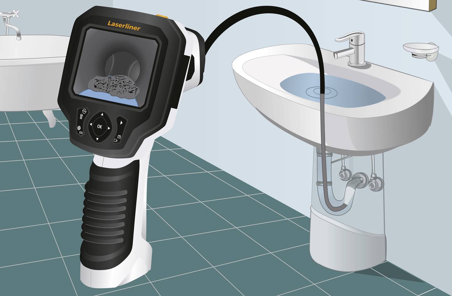 Ruční přístroj s kamerou ukazuje ucpanou odpadní trubku umyvadla; zobrazení na displeji v koupelně zachycuje znečištěnou ucpávku.
