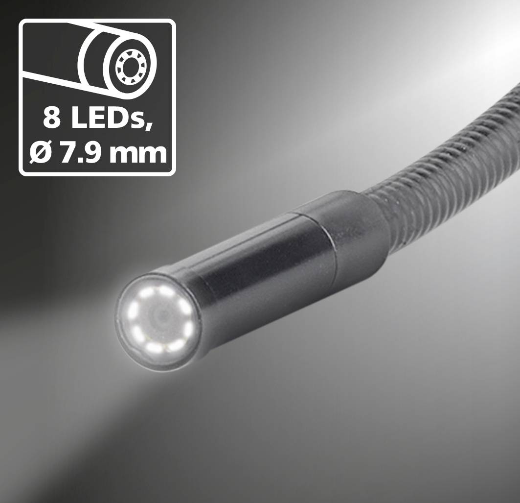 Detailní záběr endoskopické kamery s flexibilním kabelem, 8 LED diodami a průměrem 7,9 mm na šedém pozadí.