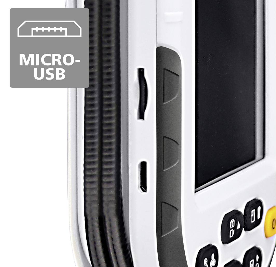 Bílé a černé elektronické zařízení s klávesami a malým displejem. Je viditelný symbol micro-USB.
