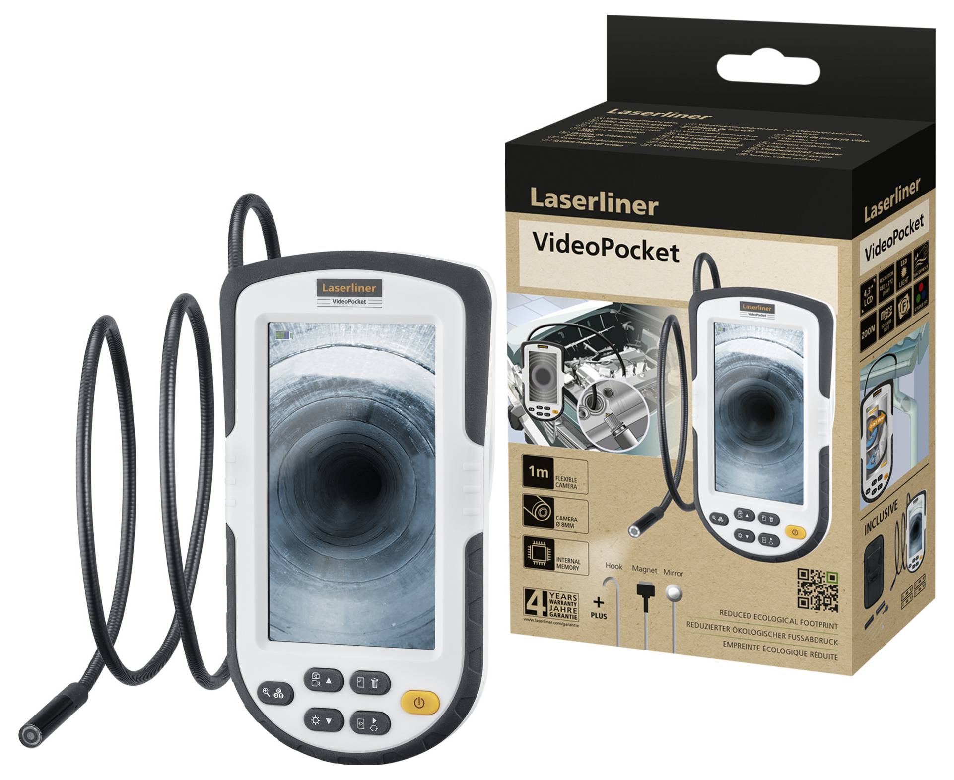 Přenosný endoskop s obrazovkou a flexibilním kabelem, zabalený v papírové krabičce. Označený štítkem 'Laserliner VideoPocket'.