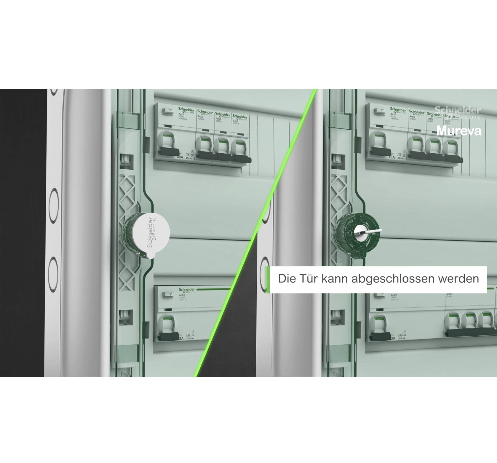 Otevřená a zavřená pojistková skříň od Schneider Electric Mureva. Text říká: 'Dveře lze uzamknout'.