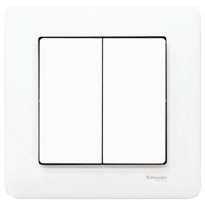 Dvojitý světelný spínač s neutrálním designem od Schneider Electric na bílém pozadí.