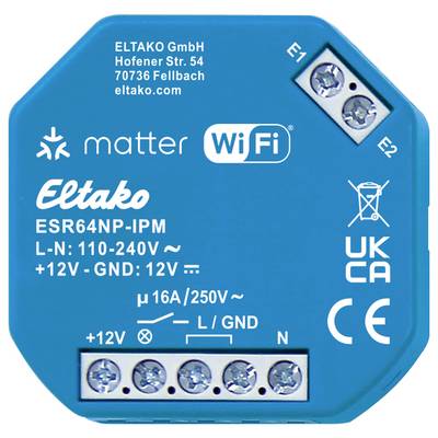 'Modrý, kulatý přístroj s nápisem Eltako, Matter, WiFi. Přípojky dole, technické detaily a informace o výrobci nahoře.'