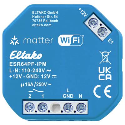 Modrý Eltako WiFi spínač s kompatibilitou Matter. Zobrazuje připojení, technické specifikace a značení UKCA.