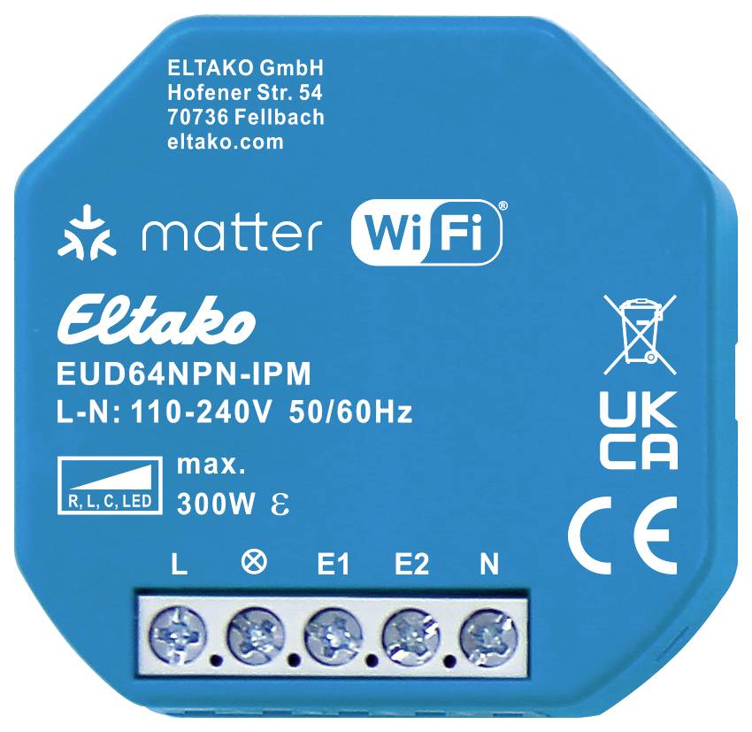 Chytrý domácí spínač od Eltaka, podporující 'Matter' a WiFi. Napětí: 110-240V, max. 300W. Certifikován UKCA a CE.