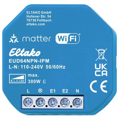 Chytrý domácí spínač od Eltaka, podporující 'Matter' a WiFi. Napětí: 110-240V, max. 300W. Certifikován UKCA a CE.