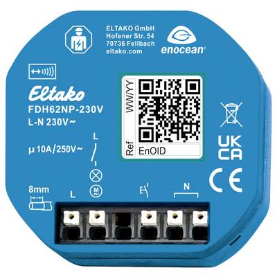 Modrý elektrický spínací aktor s přípojkami a QR kódem. Text obsahuje technické specifikace: 230V, 10A/250V~, a firemní loga.