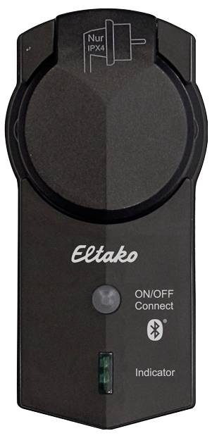 Černý Bluetooth adaptér od Eltaka s vypínačem a zeleným indikačním světlem. Označení 'Pouze IPX4', vhodný pro vlhké prostředí.